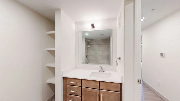 Louisville apartments for rent - image - Bathroom vanity with wood cabinets and builtin shelving
